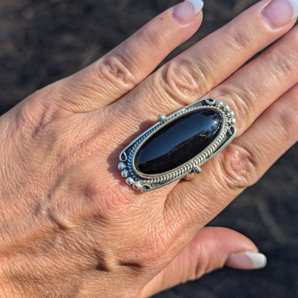 Handmade Navajo Jet Black Ring Large Oval Shape Sterling Silver Jewelry Sz 10 ** - Picture 4 of 10
